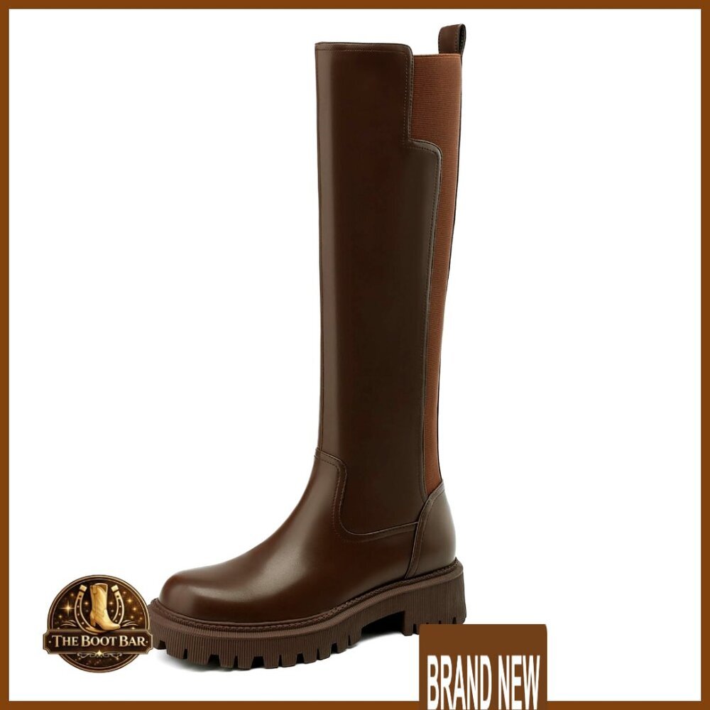 Knee High Riding Boots Platform Lug Sole Stretch Calf Comfortable Chunky Heel
